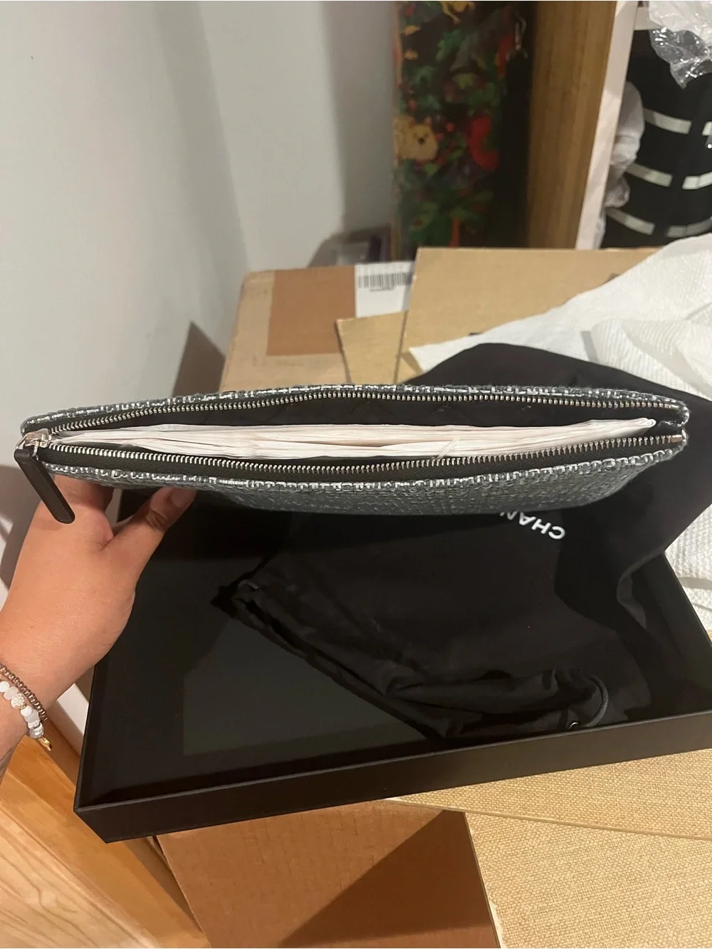 CHANEL Black and White Logo Canvas Men's Pouch